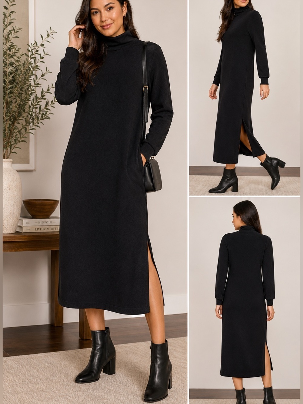 Sympli Midi Dress Black Turtleneck Long Sleeve Jersey Minimalist Size 14